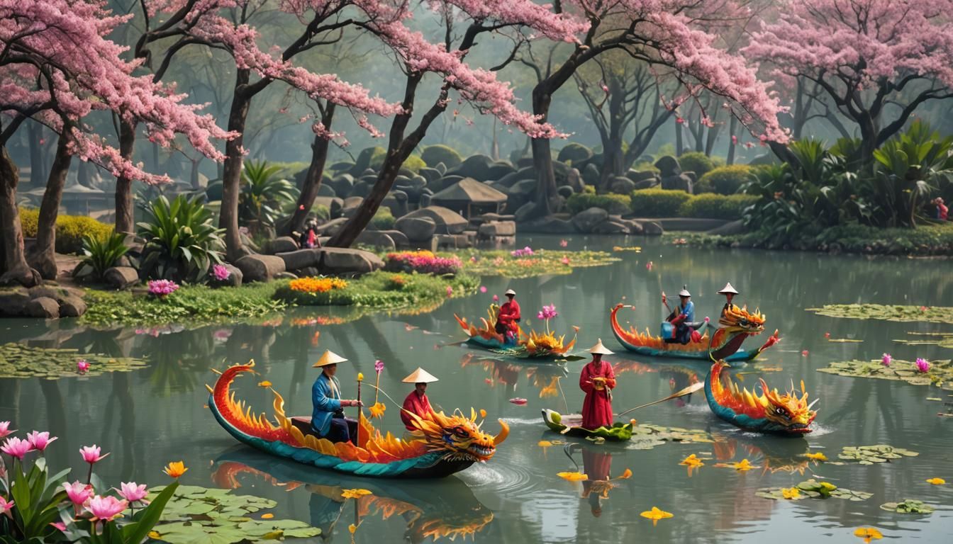 Vietnamese Dragon Boats on a Serene Lake