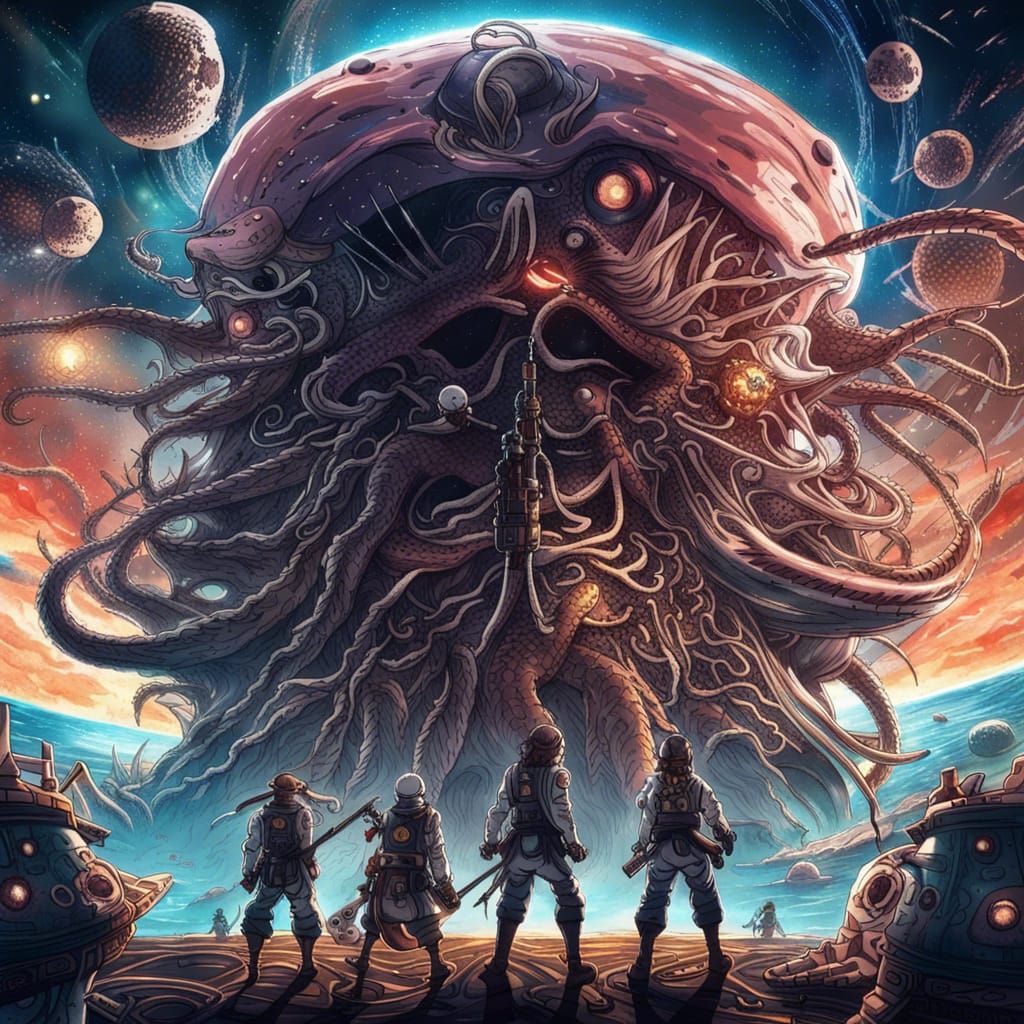 Anime Pirates Fight Space Squid on Moonscape