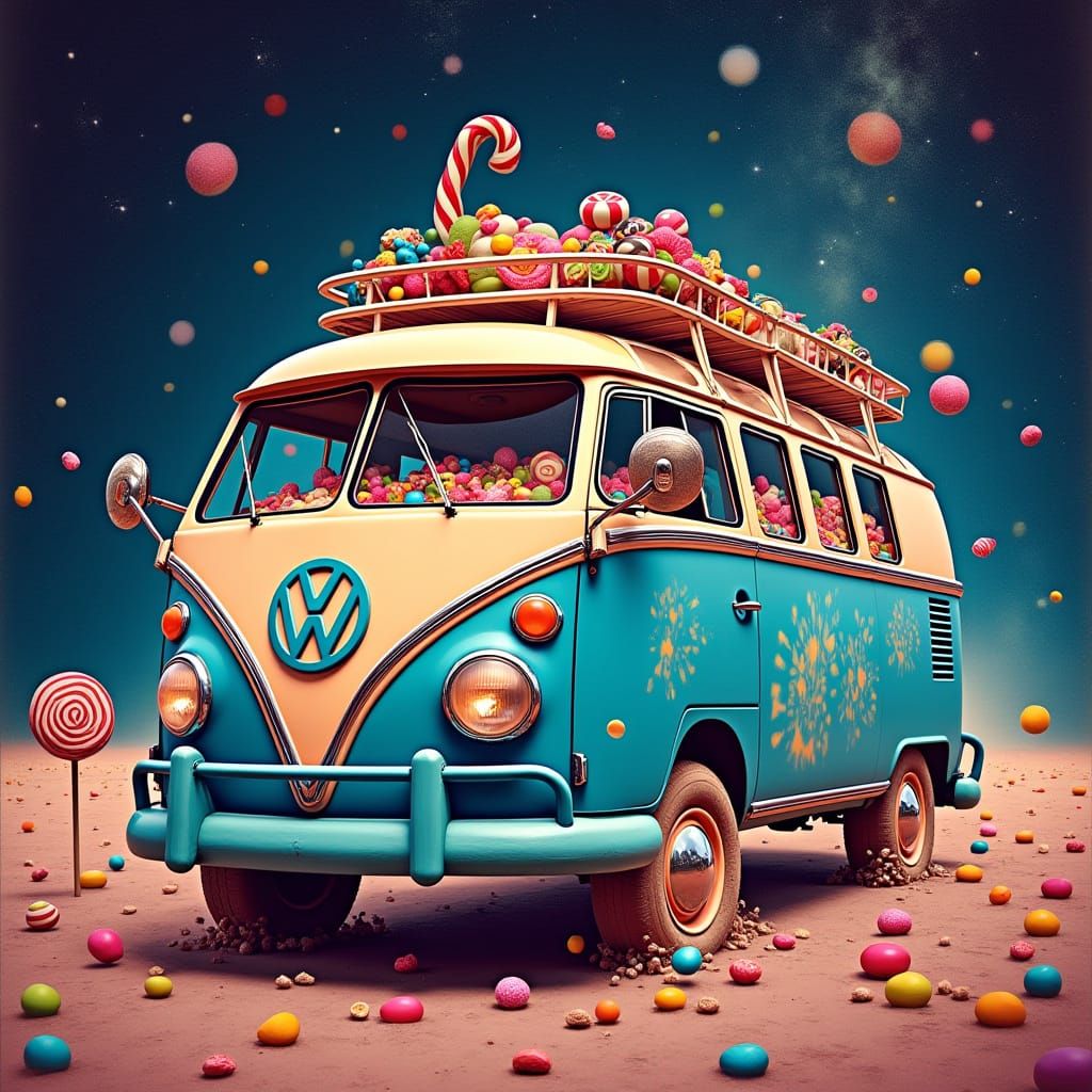 Candy VW Bus Drifting Through Starry Cosmos