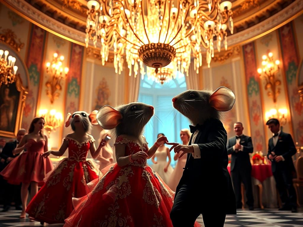 mice dressed in luxurious ball gowns and suits, dancing under a chandelier made of glowing c...