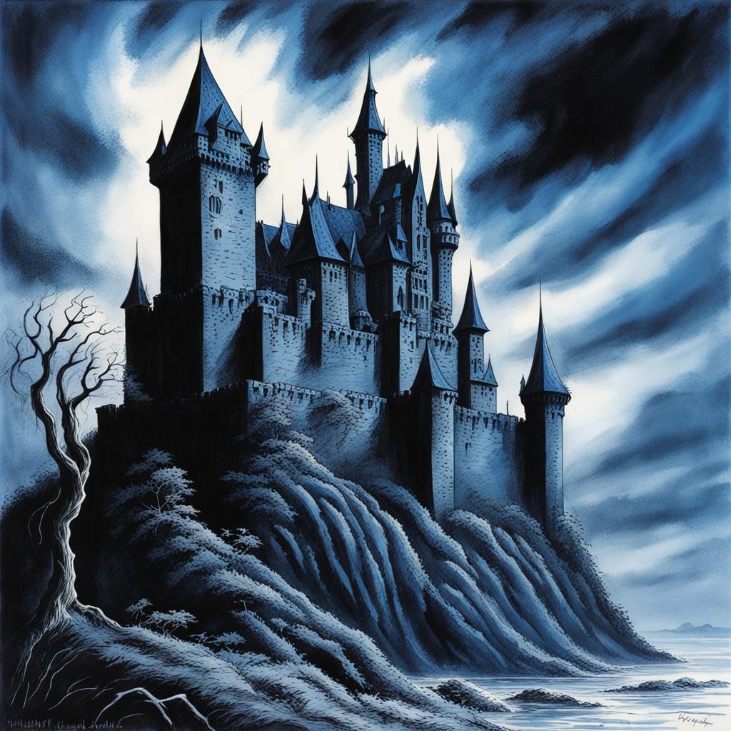 Haunted Castle in 1970s Dark Fantasy Style
