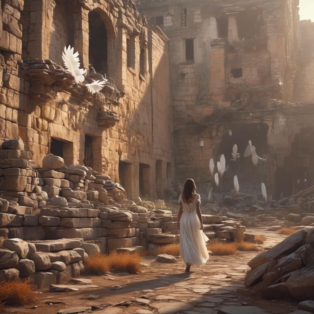 Girl and Bird in Ruined Landscape, Inspired by Surrealism