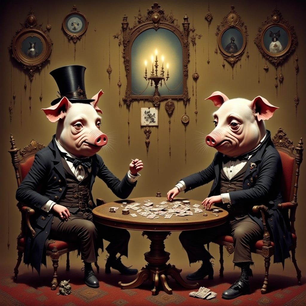 Pigs Playing Poker in Whimsical Style