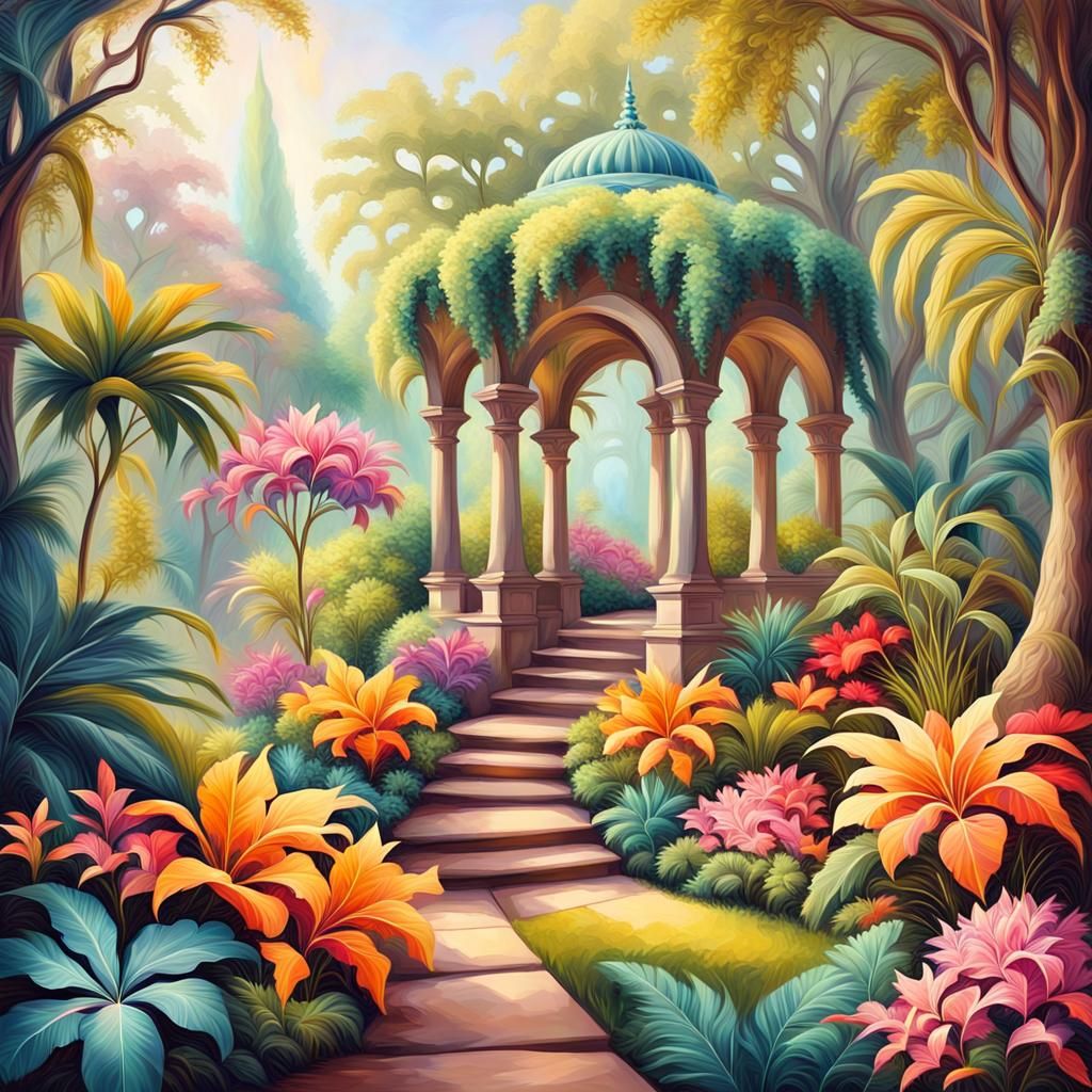 Fractal Exotic elegance, oil painting of a dreamy beautiful garden