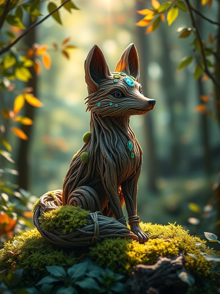 Wooden Fox Sculpture in a Lush Forest