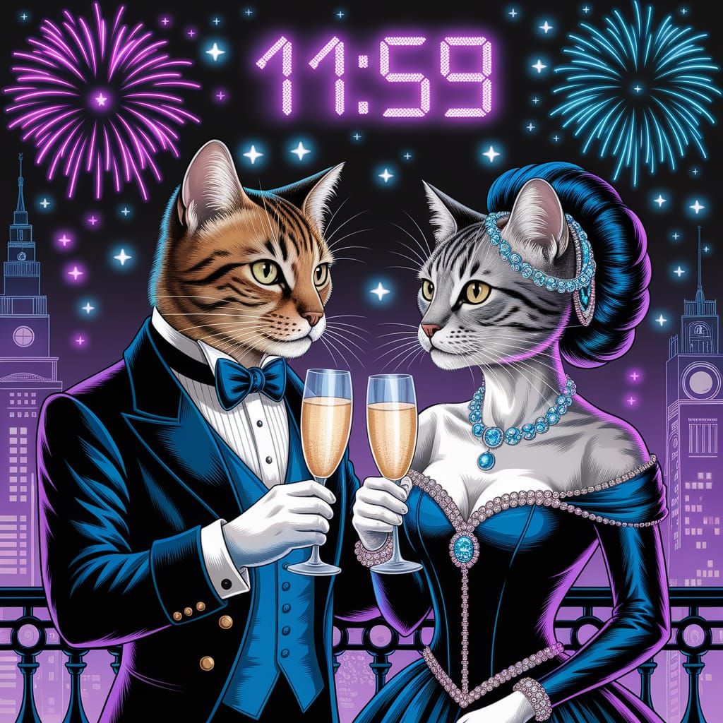 Elegant Cats Watch Fireworks at Art Deco New Year's Ball