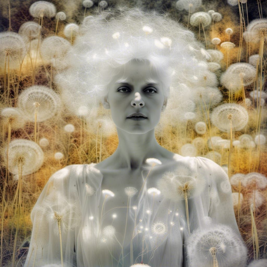 Ghostly Woman in Dandelion Dreamscape, Infrared Photography