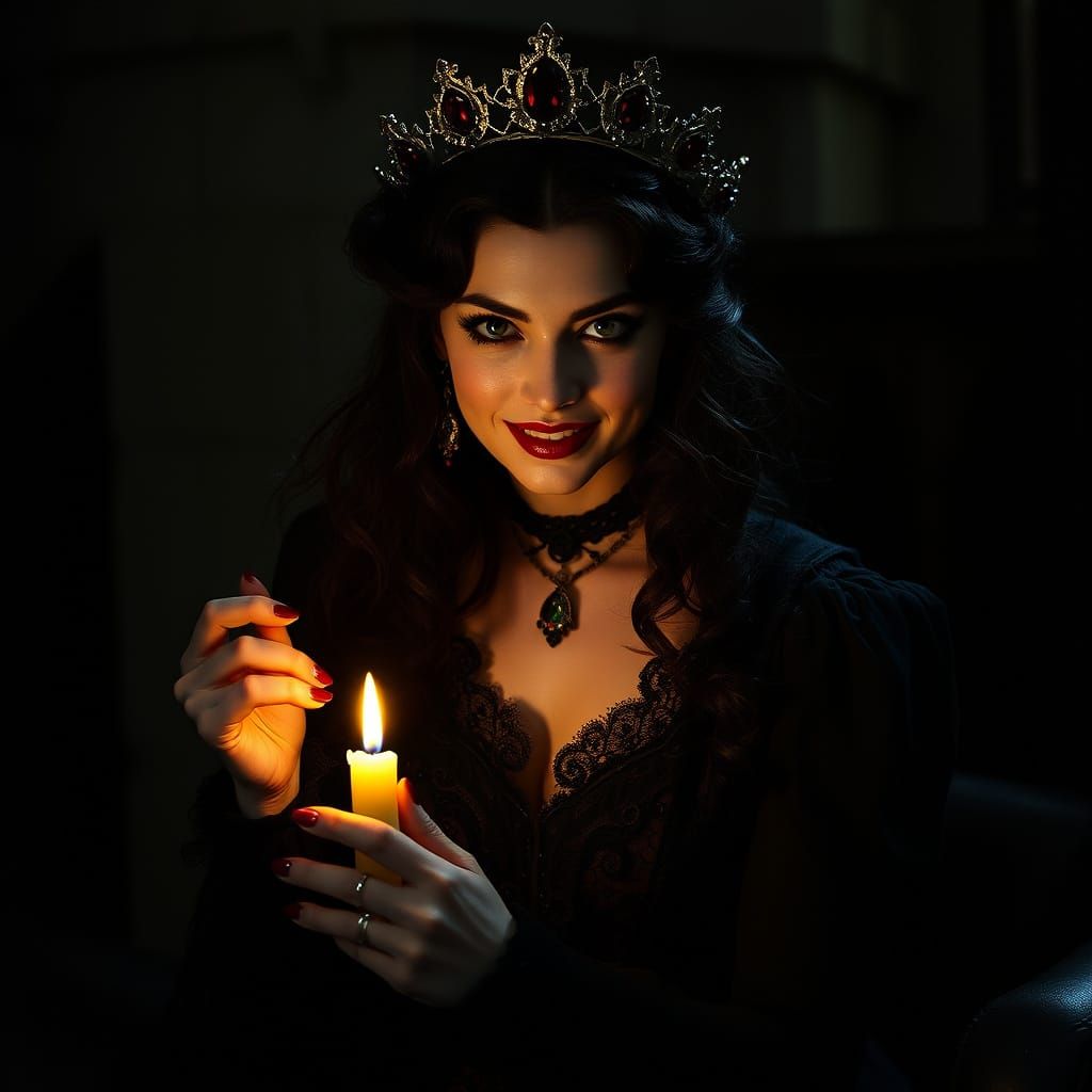 Elegant Vampire Queen in Dark, Victorian-Era Gown