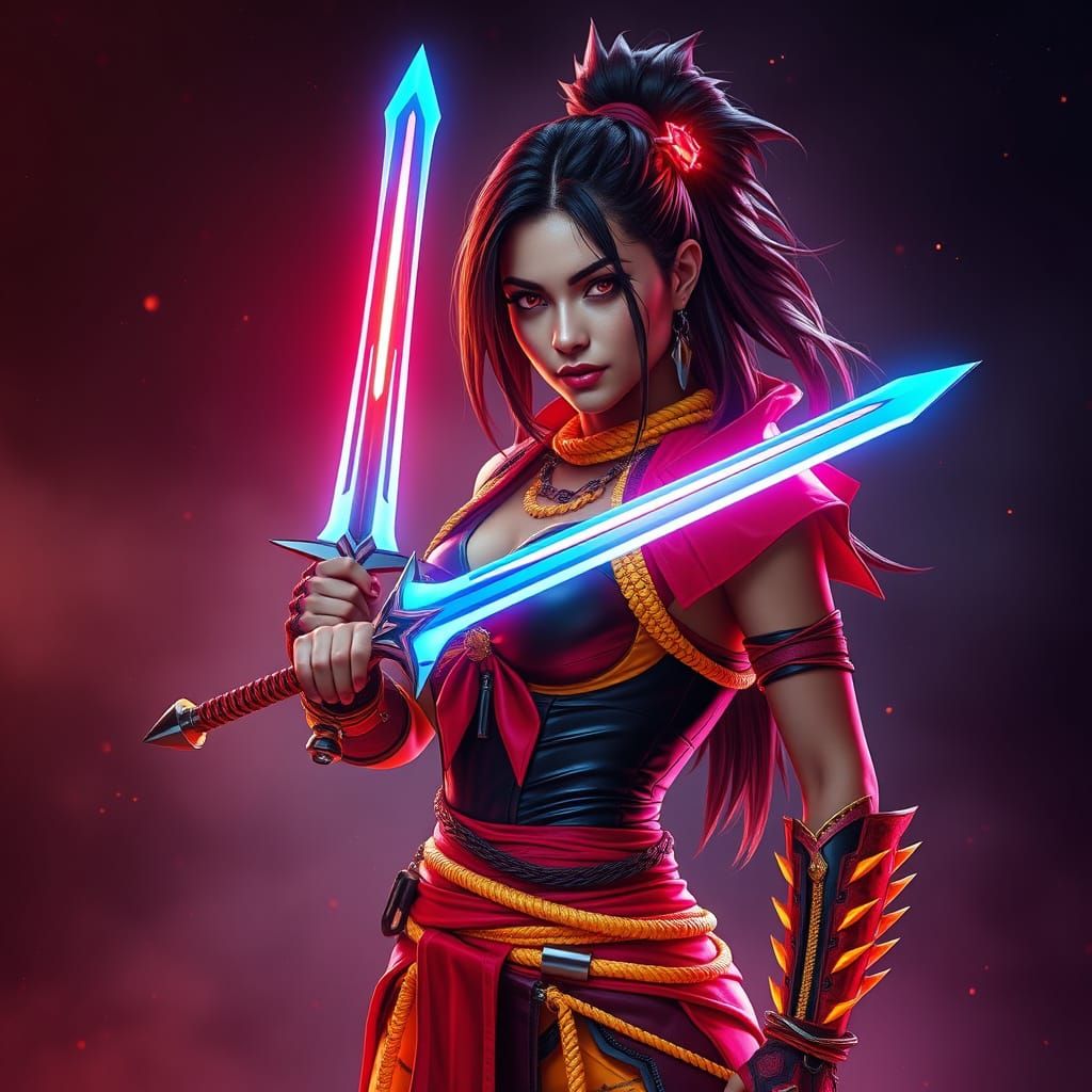 Warrior Woman with Luminous Sword in Cyberpunk Style