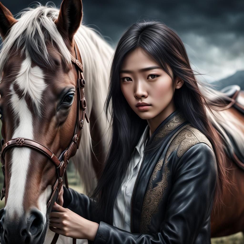 Asian Girl Fused with Horse in Hyperrealistic Style