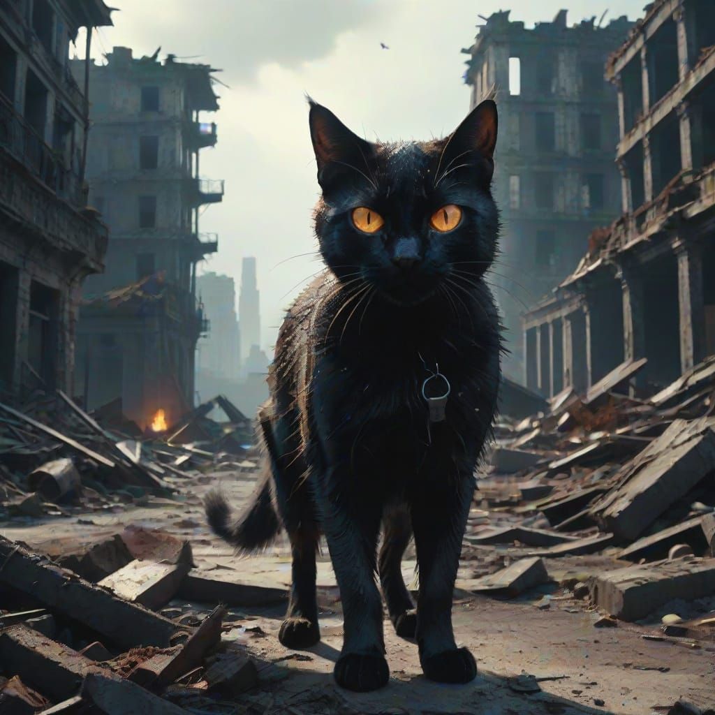 Black Cat in Post-Apocalyptic Ruins: Dark Fantasy Art