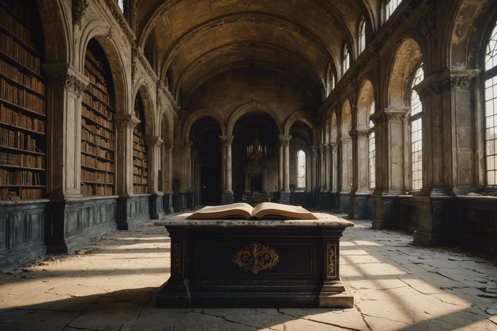 Dusty Tome in an Ancient Marble Library