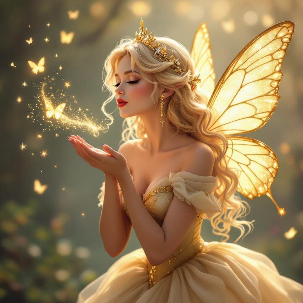 Fairy Godmother Blowing a Kiss with Golden Butterfly Wings