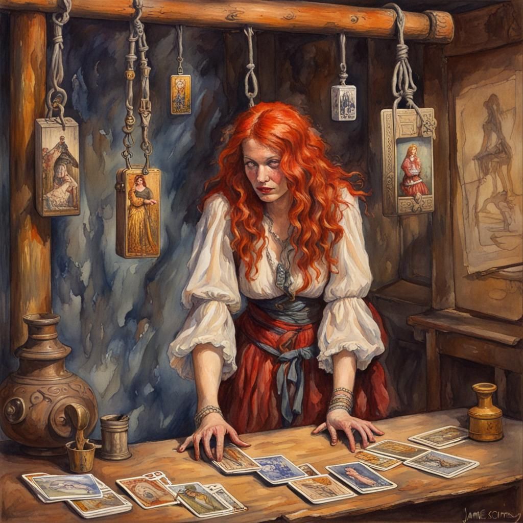 Red-Haired Gypsy Reveals Tarot Card in Magical Realism Style