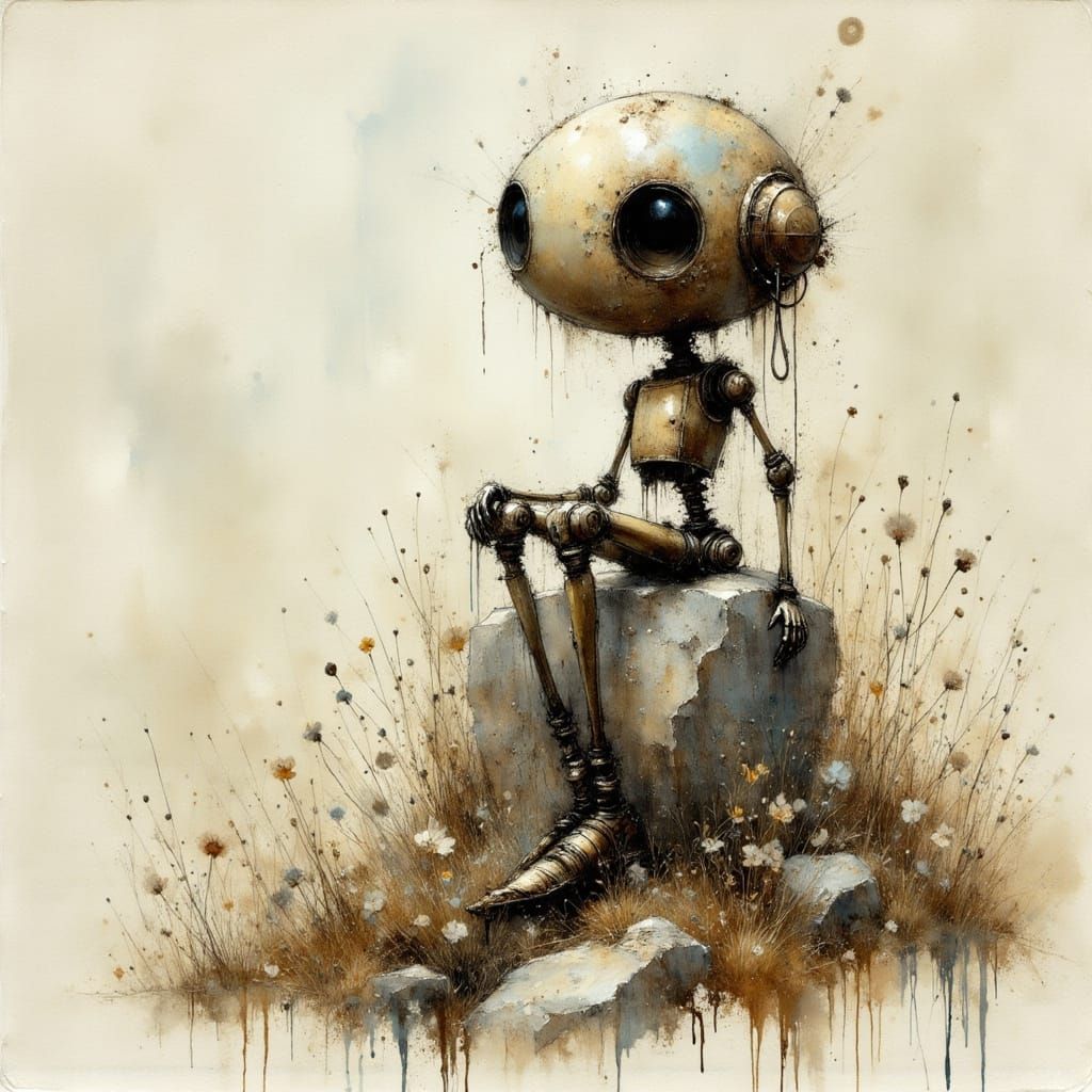 Weathered Robot on Rock, Comic Book Style