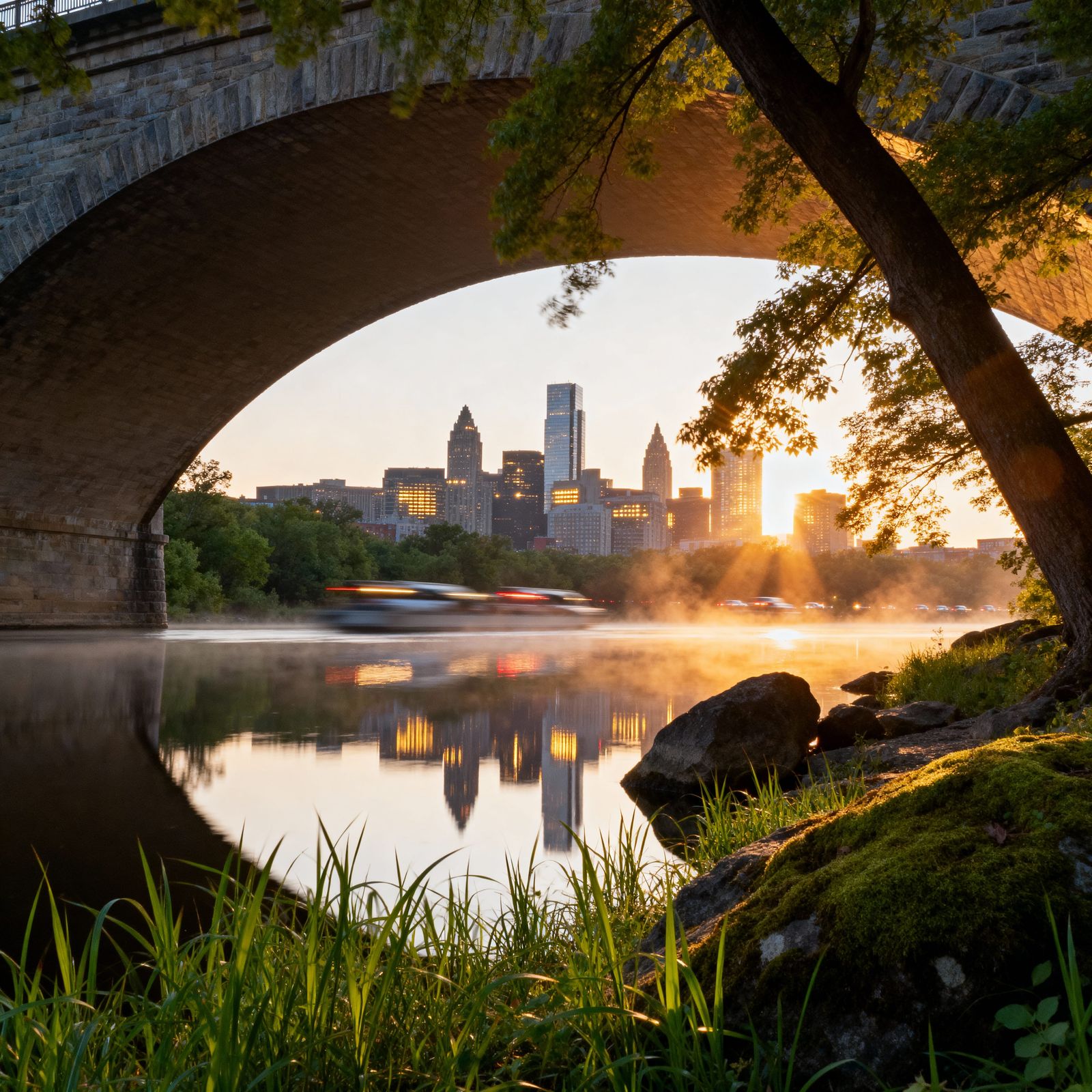 Golden Hour Cityscape View From Under Stone Bridge