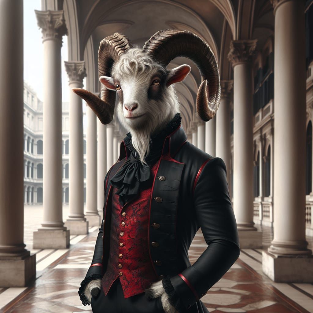 Anthropomorphic Goat Man in Opulent Courtyard Painting