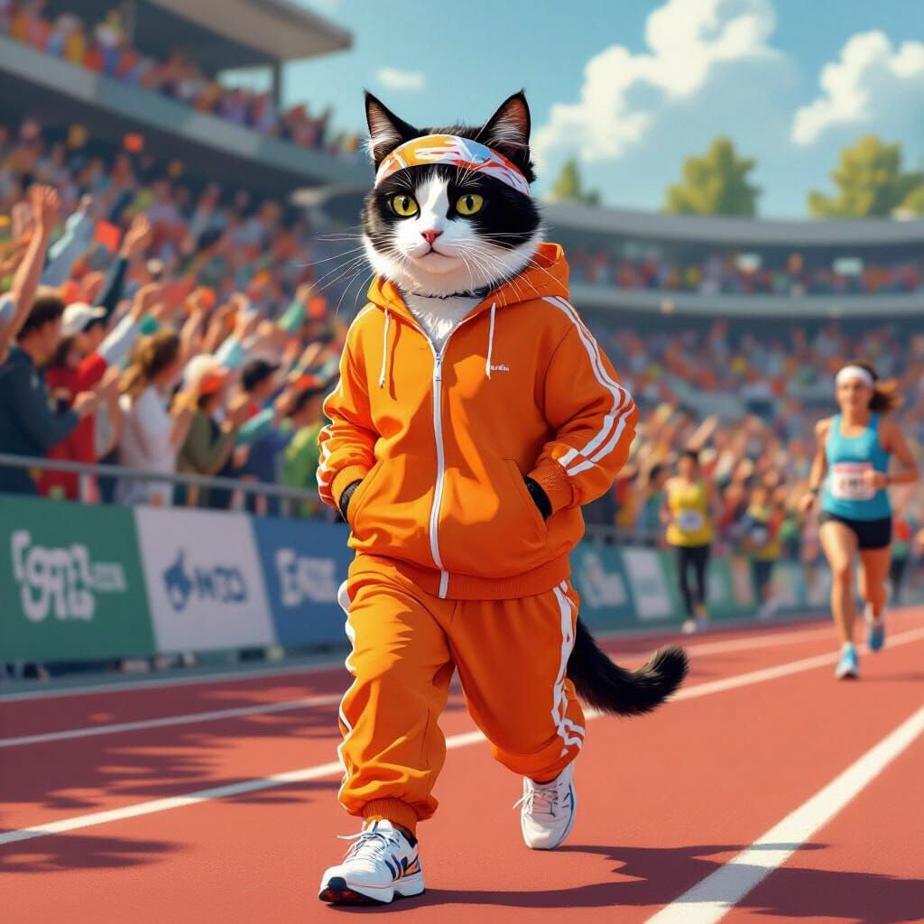 Tuxedo Cat Jogging in Cheering Crowd