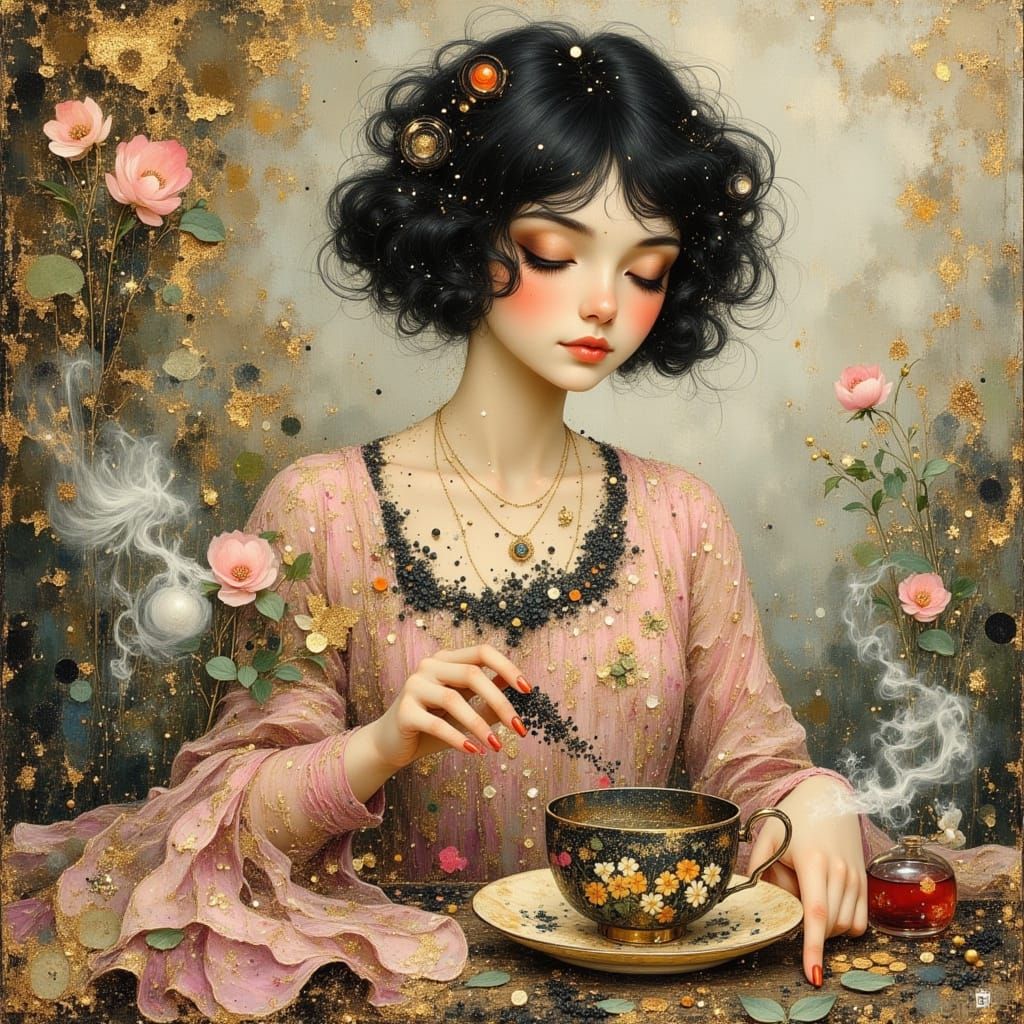 Woman Gathering Tea Leaves in Painterly Style