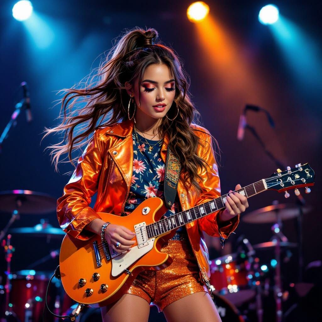 Energetic Performer with Long Wavy Hair Plays Guitar
