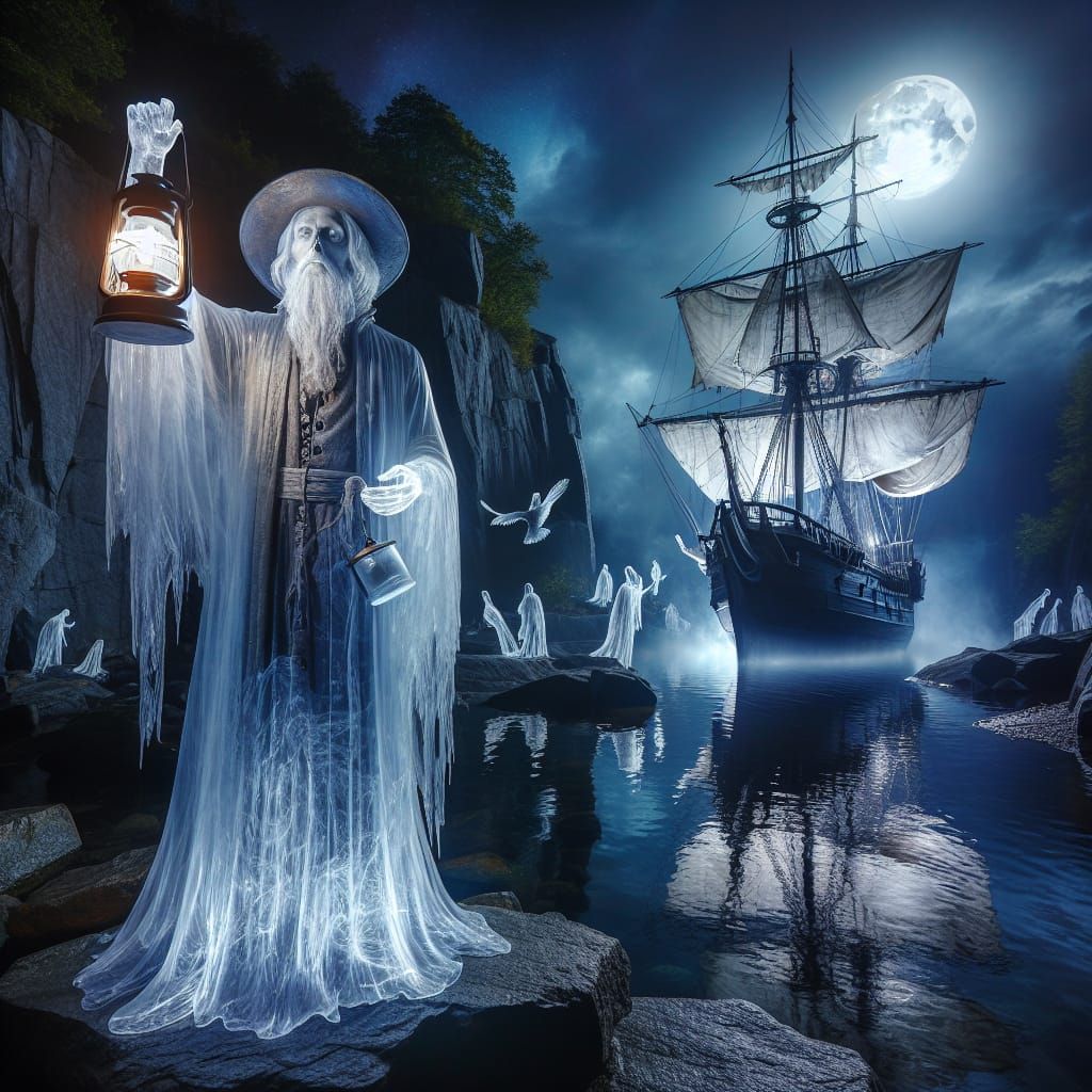 Ethereal Lighthouse Keeper with Ghost Ship