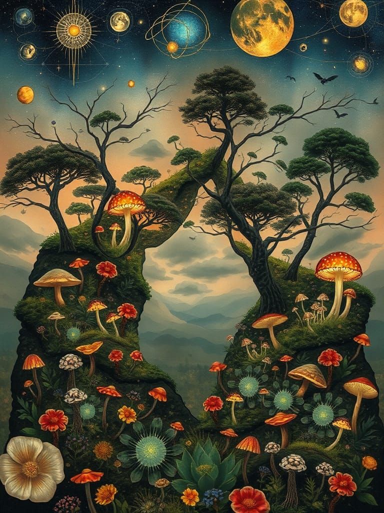 Intertwined Figures in Dreamlike Surrealcore Mindscape