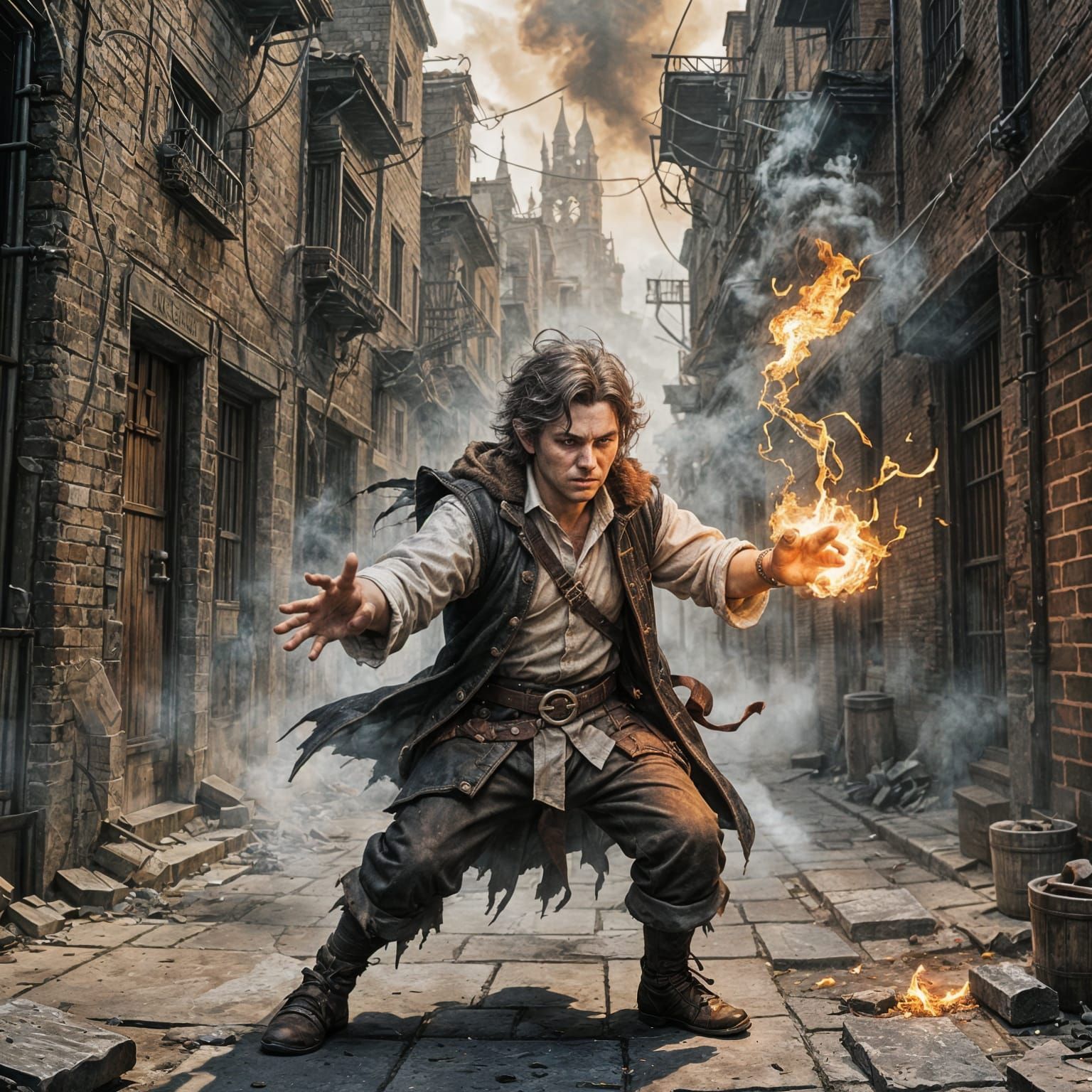Halfling Sorcerer Casting Fireball in Dark Fantasy Style
