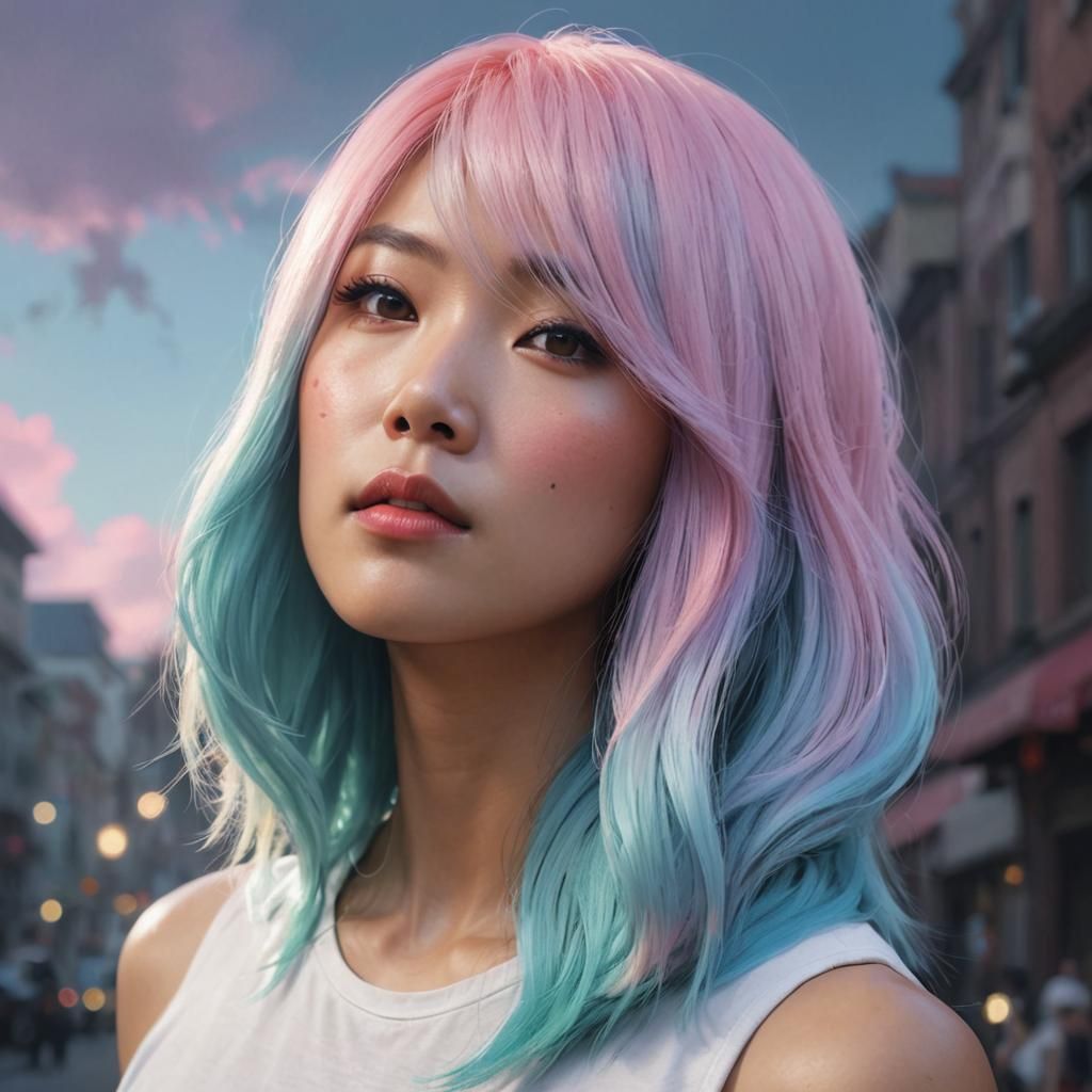 Asian Woman Portrait with Pastel Hair, Digital Art