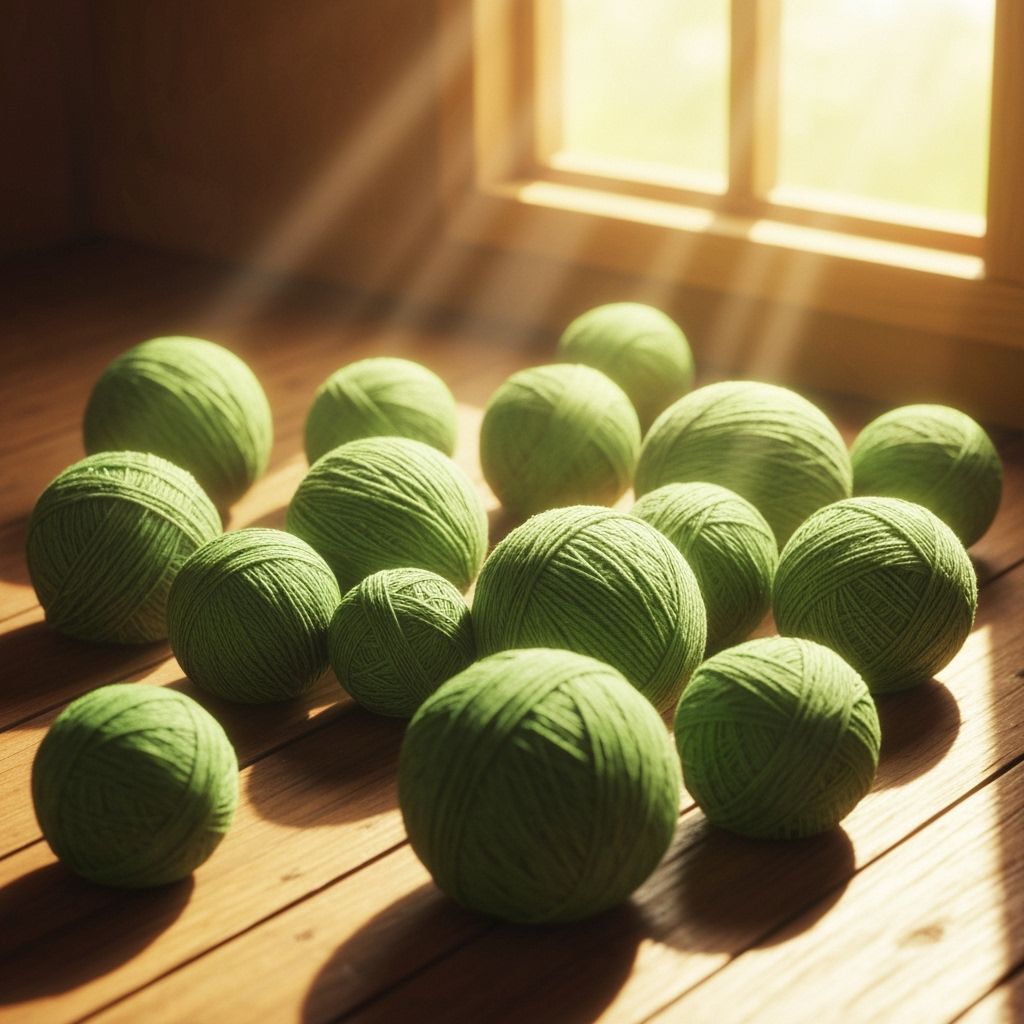 Green Yarn Balls on Wooden Floor in Naïve Art Style