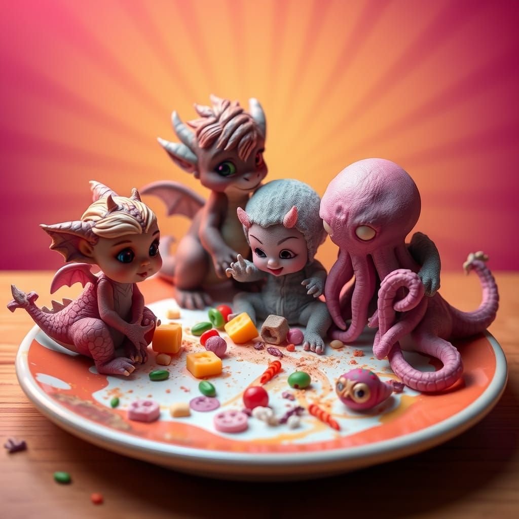 Miniature Mythical Creatures Play on a Plate of Half-Eaten F...