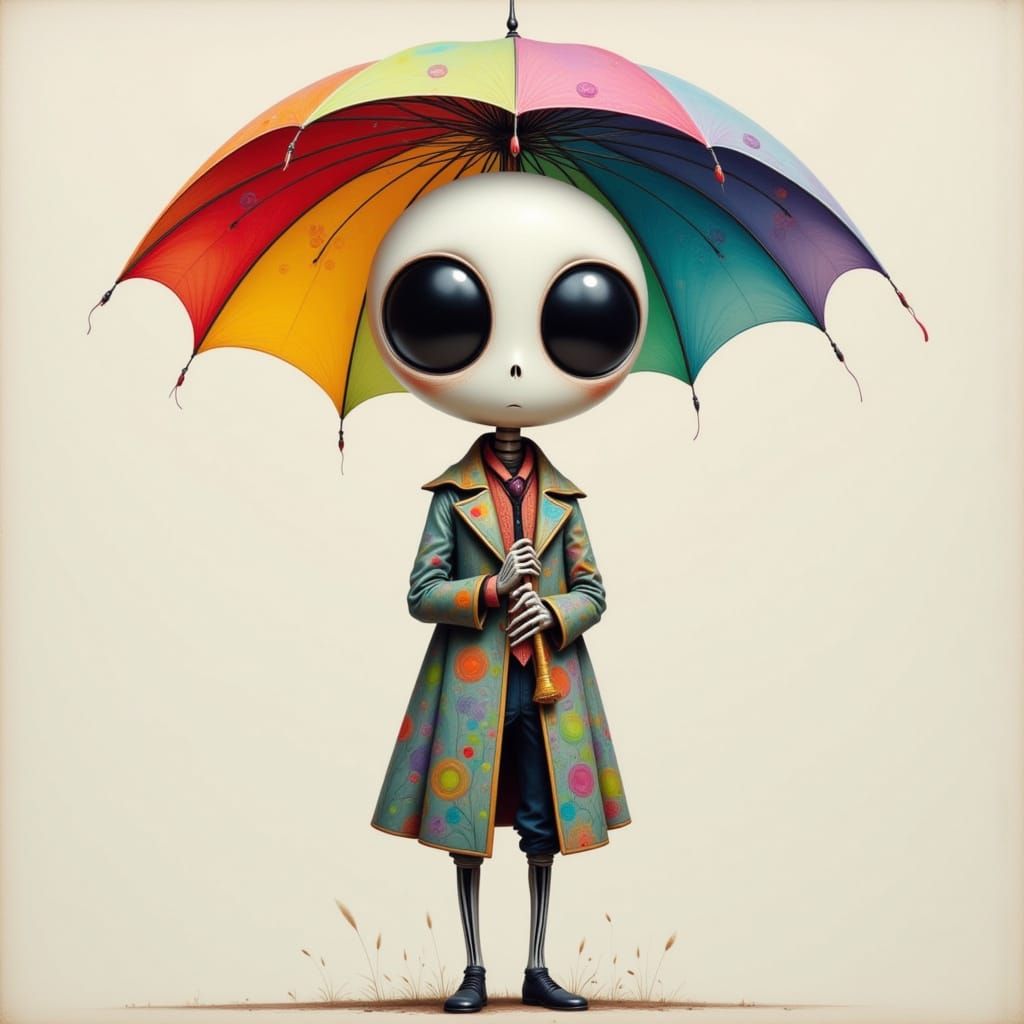 Rainbow Umbrella Skeleton in Surrealist Style