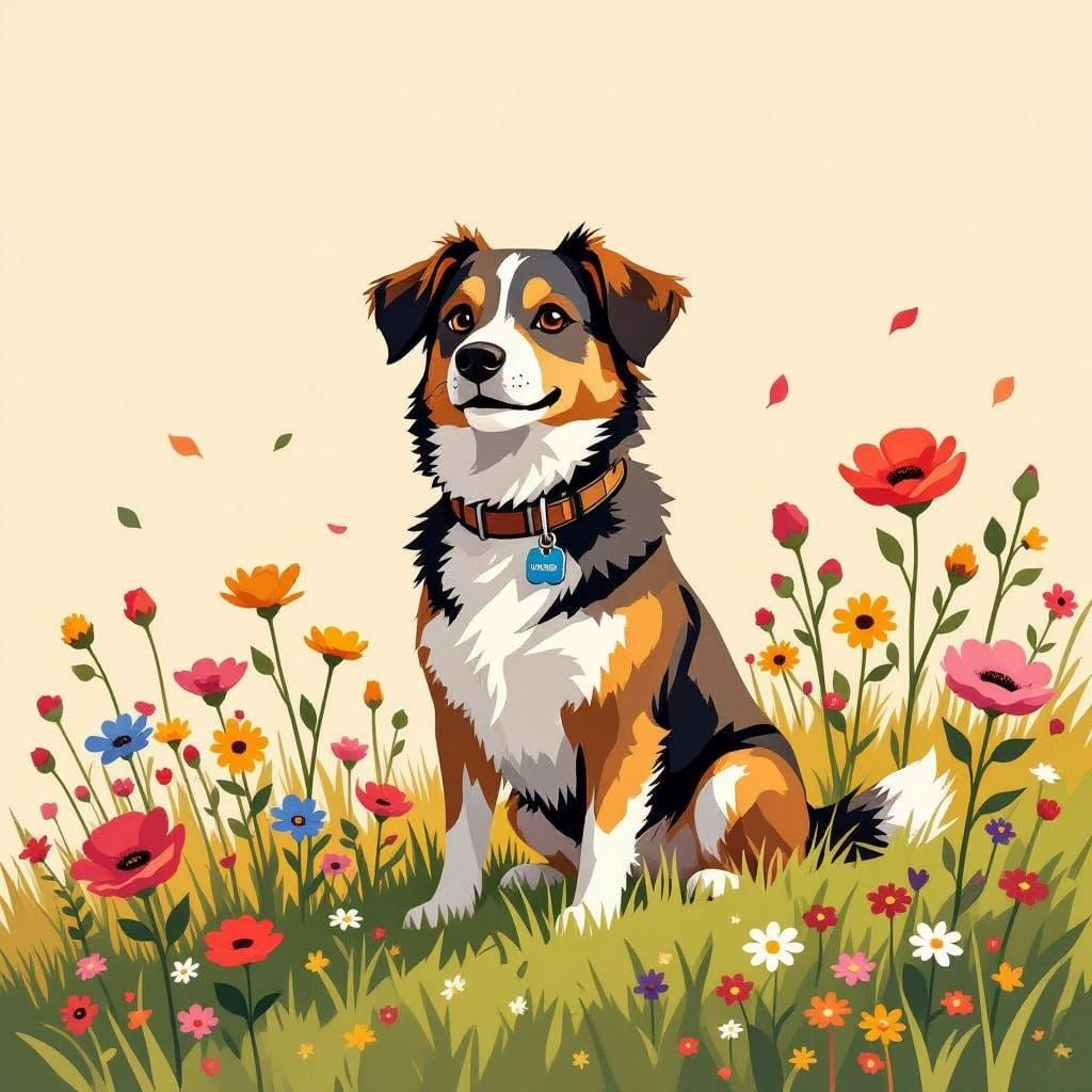 Dog Portrait with Wildflowers in Digital Art Style