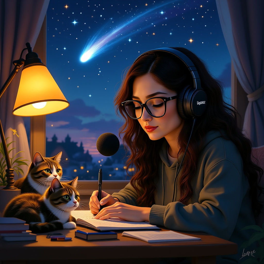 Lofi Girl Studying at Night with Cats and Comet