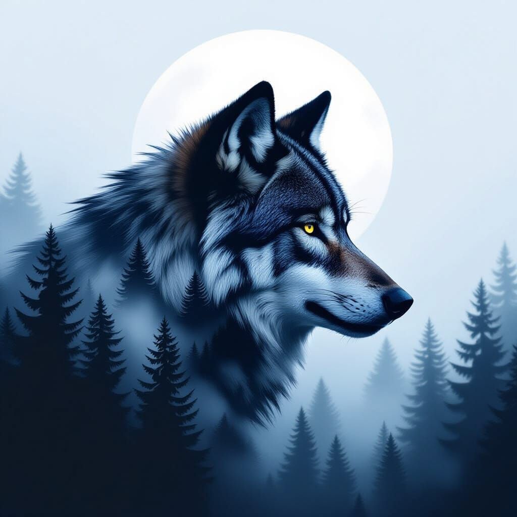 Wolf Silhouette Double Exposure with Misty Forest