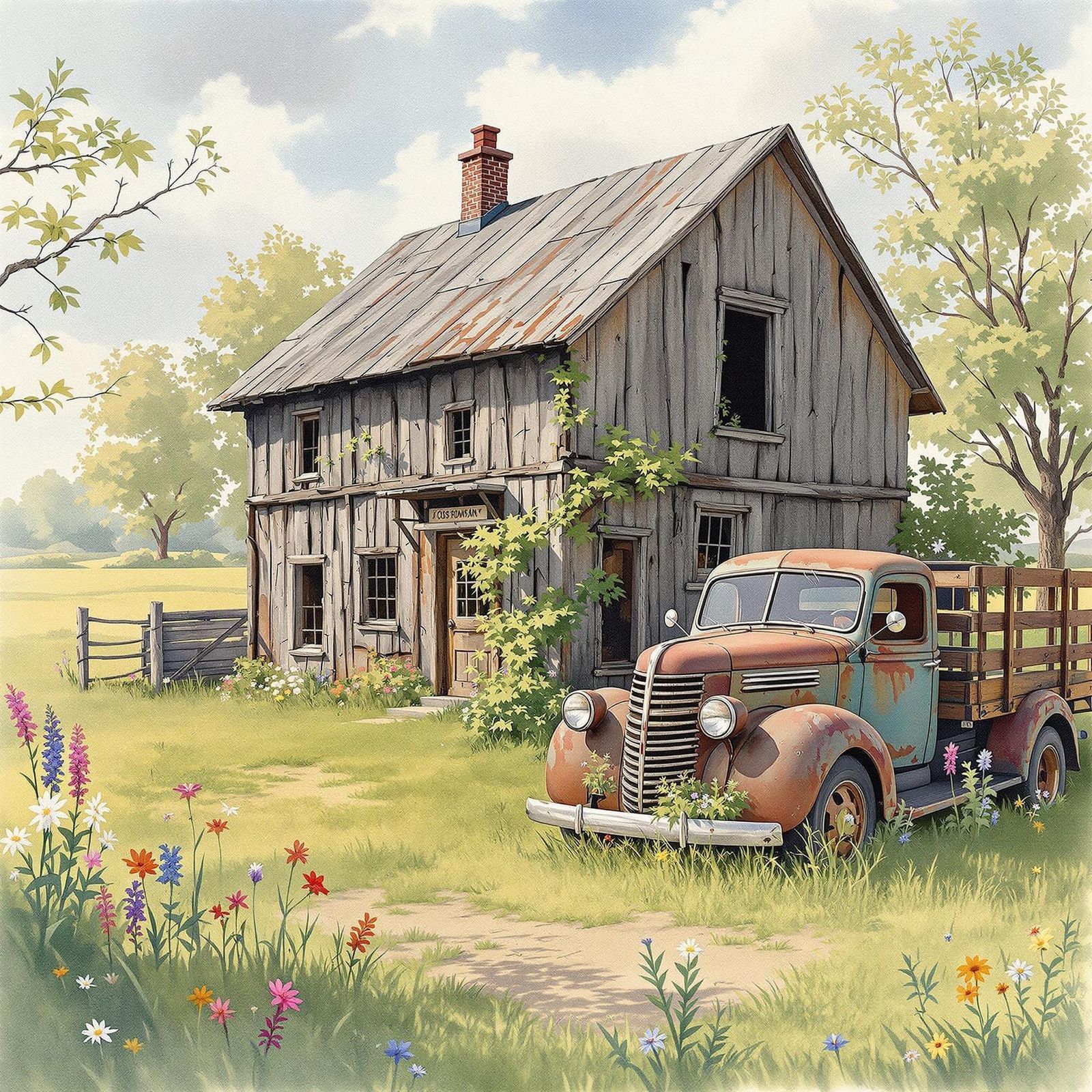 Watercolor Farm Scene with Vintage Truck in Spring