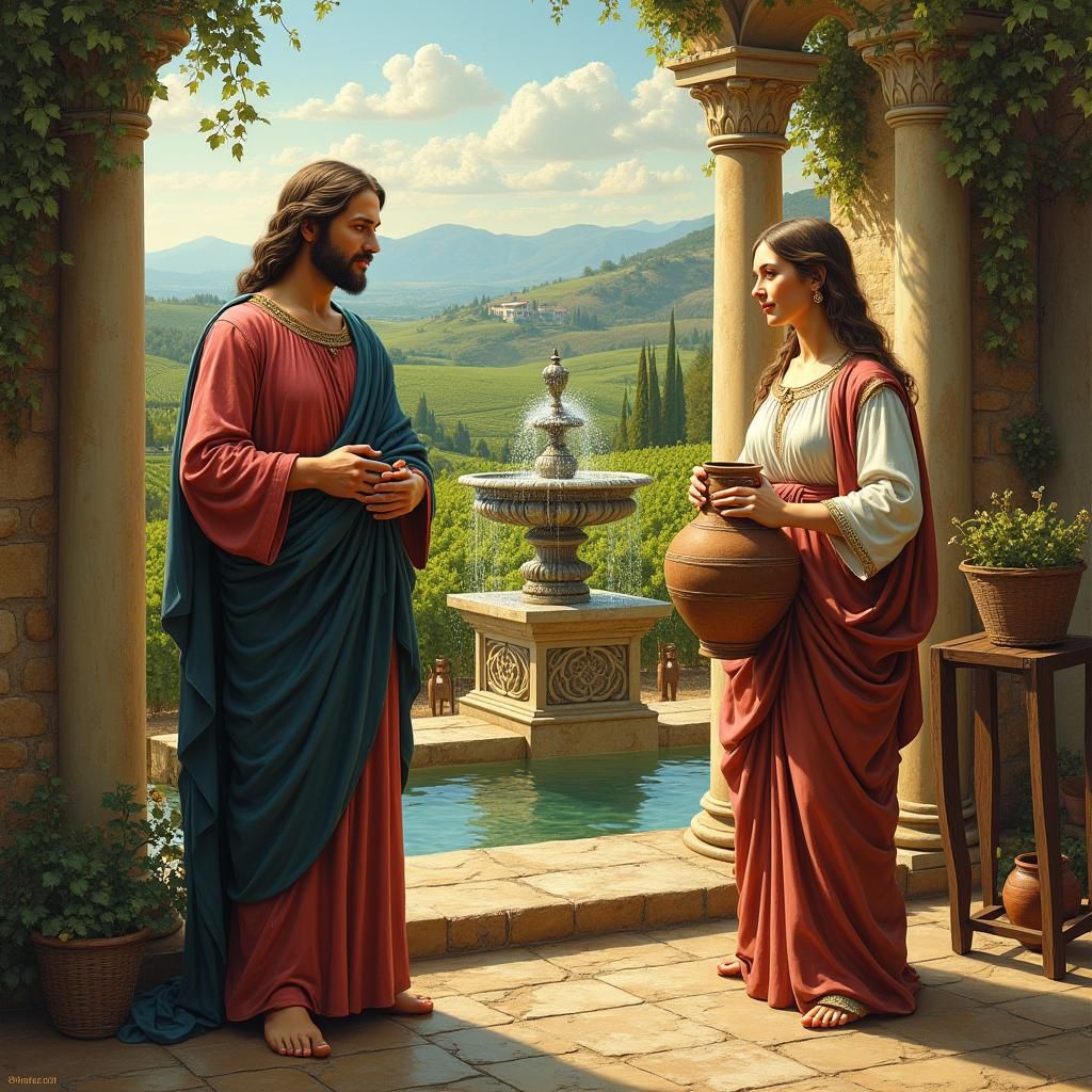 Jesus and Mary in Renaissance Style with Italianate House