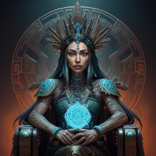 Cyberpunk Aztec Queen with Bioluminescent Tattoos