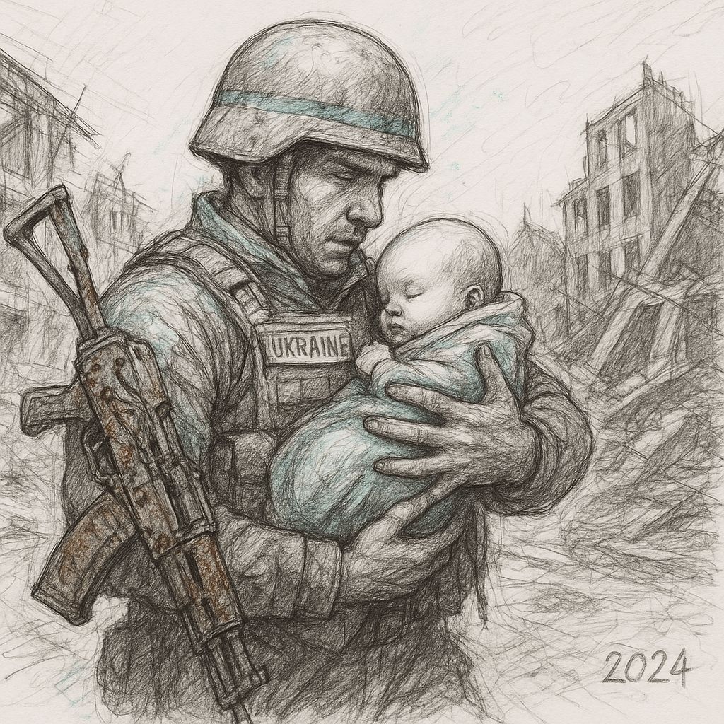Ukrainian Soldier Saving Baby: Black and White Sketch
