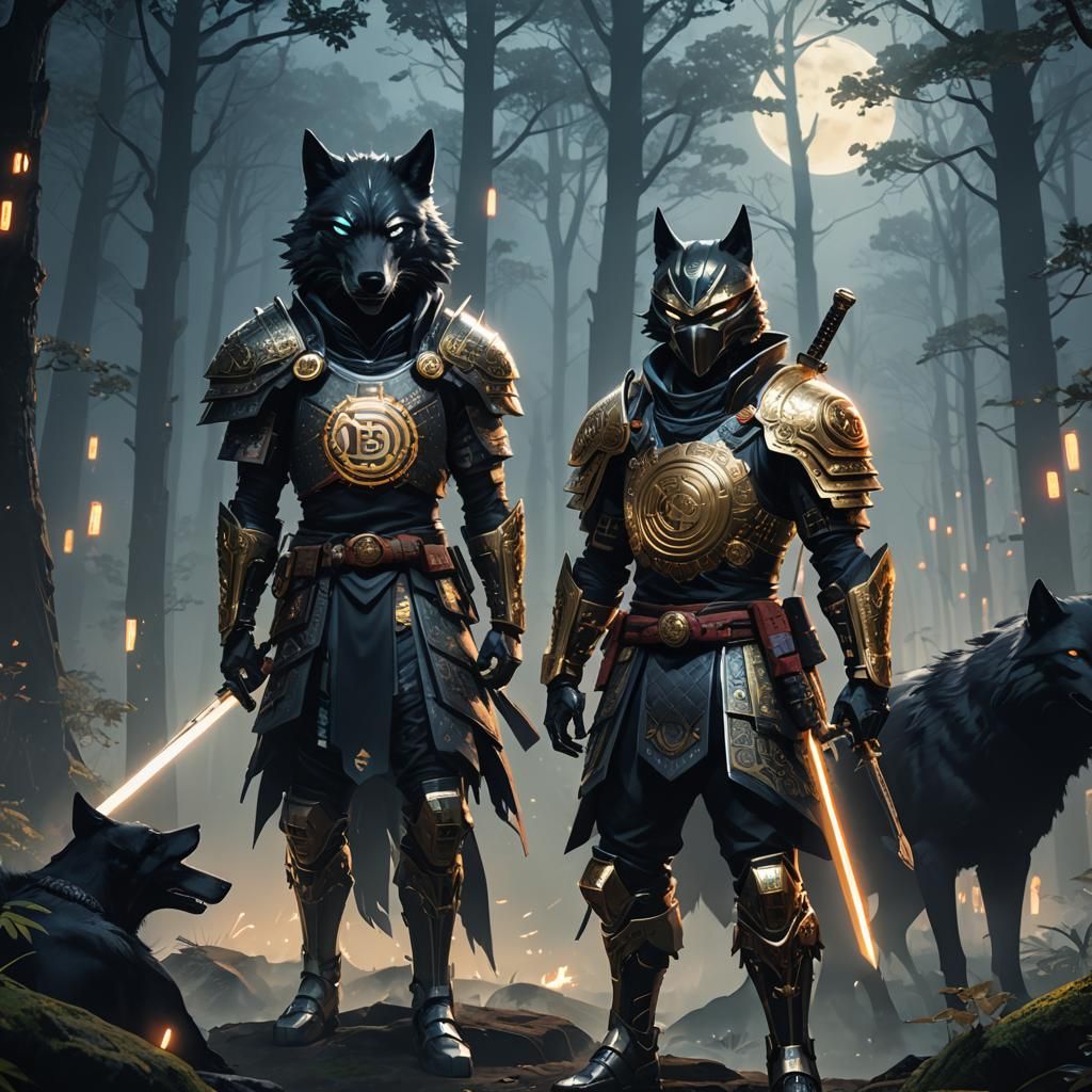 Cyberpunk Crypto-Samurai and Wolf in Moonlit Forest