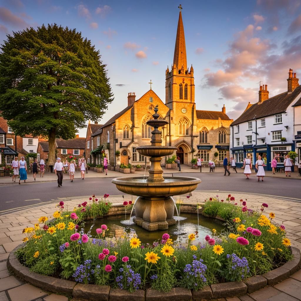 Quaint English Village Square in Summer Light