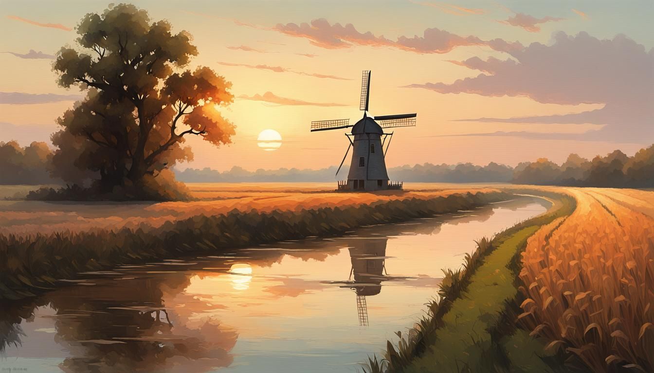 Medieval Windmill Landscape with Soft Colors