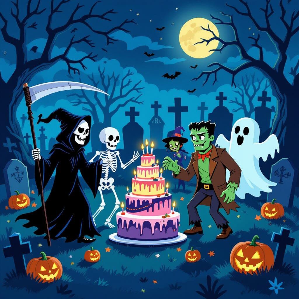 Spooky Birthday Bash with Monsters Dancing in Cemetery