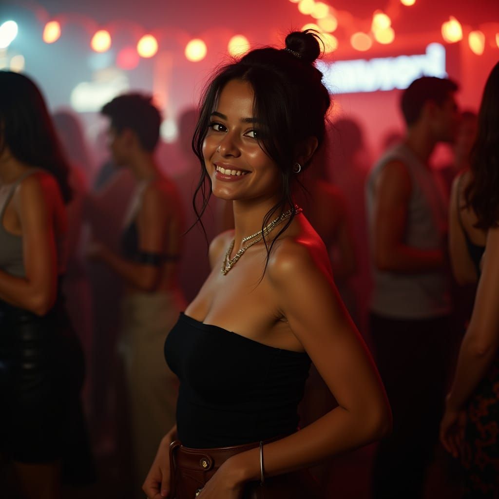 Cinematic Film Still of Young Latina at Party