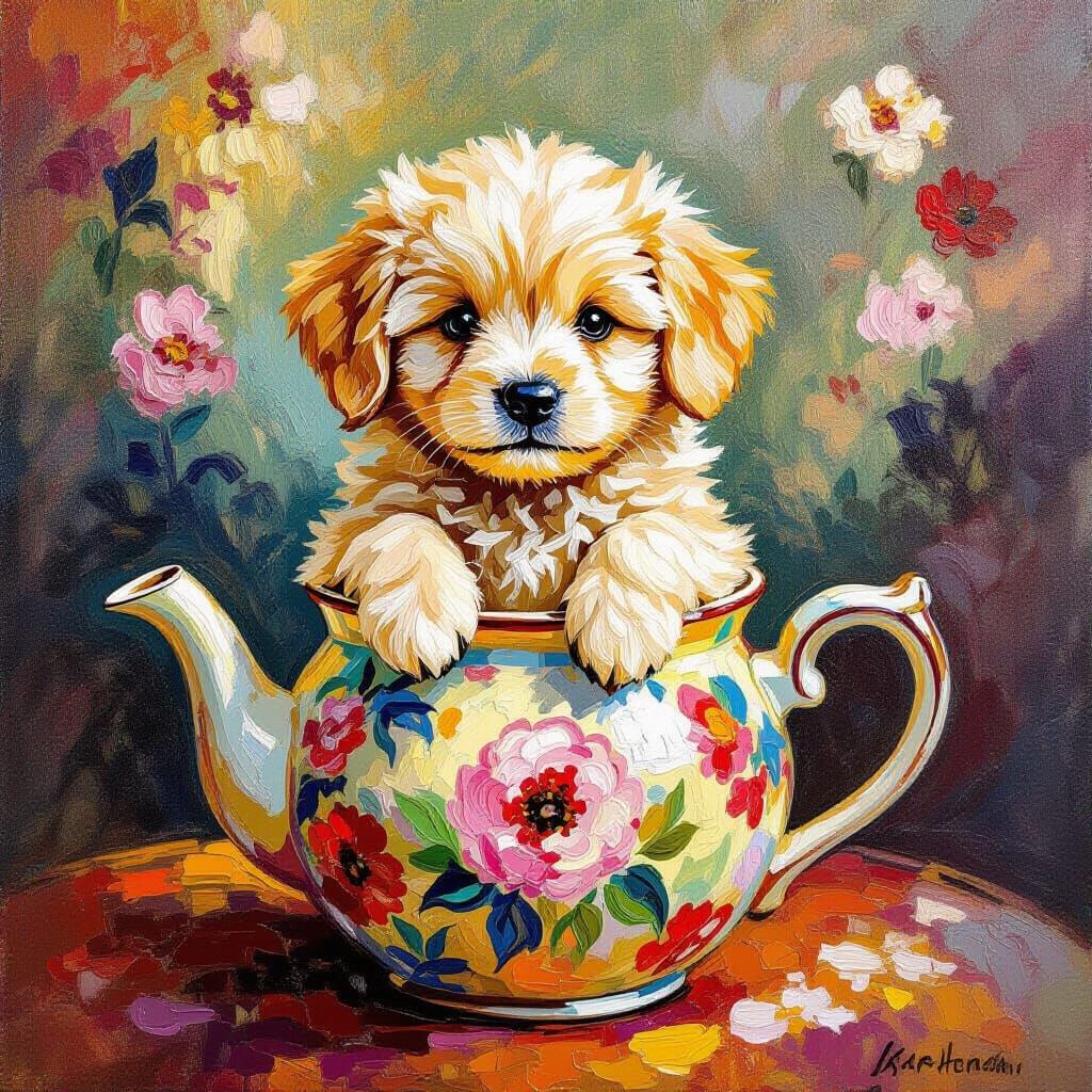 Fluffy Golden Retriever Puppy in Vintage Teapot Painting