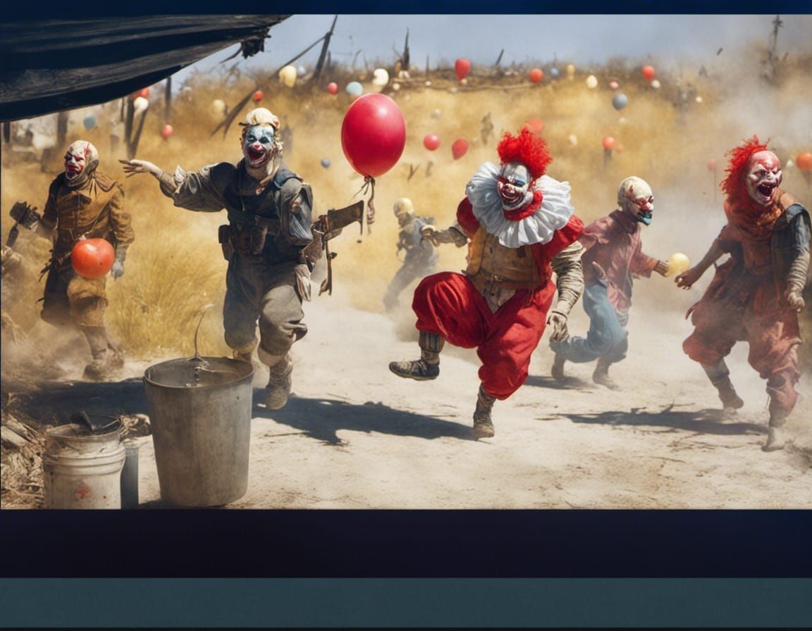Clowns March to War in Dystopian Landscape