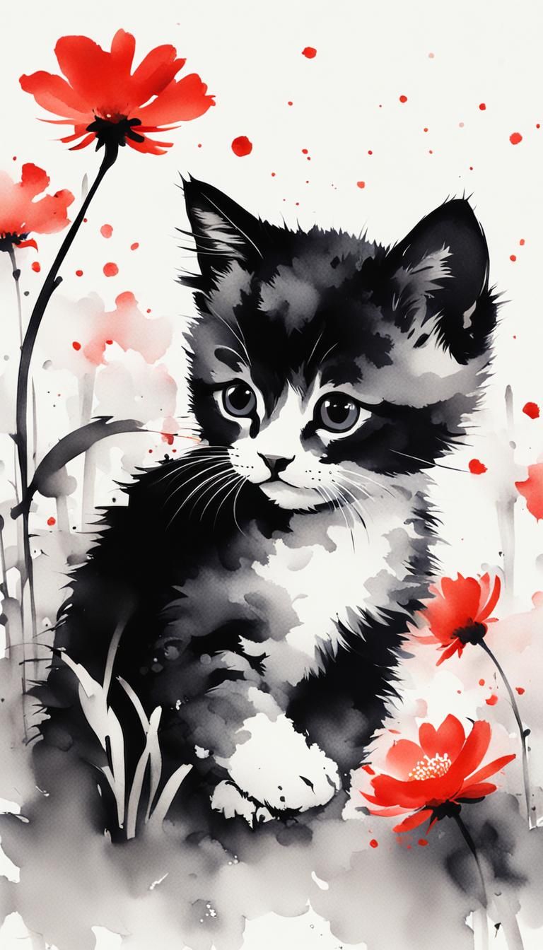 Cute Kitten Playing with Flowers in Ink Painting