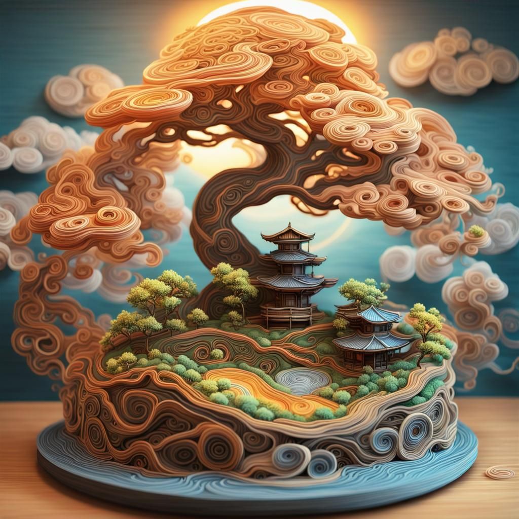 Bonsai Landscape with Swirling Clouds in Cyberpunk Style