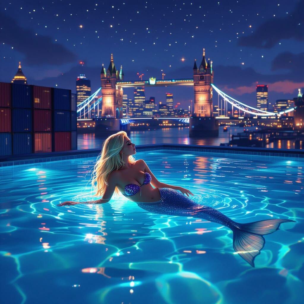 Blonde Mermaid in London Rooftop Pool at Night
