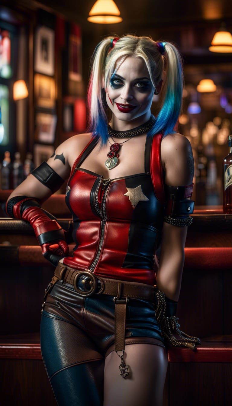 Harley Quinn in a Pub: Hyper-Detailed 8K Photo