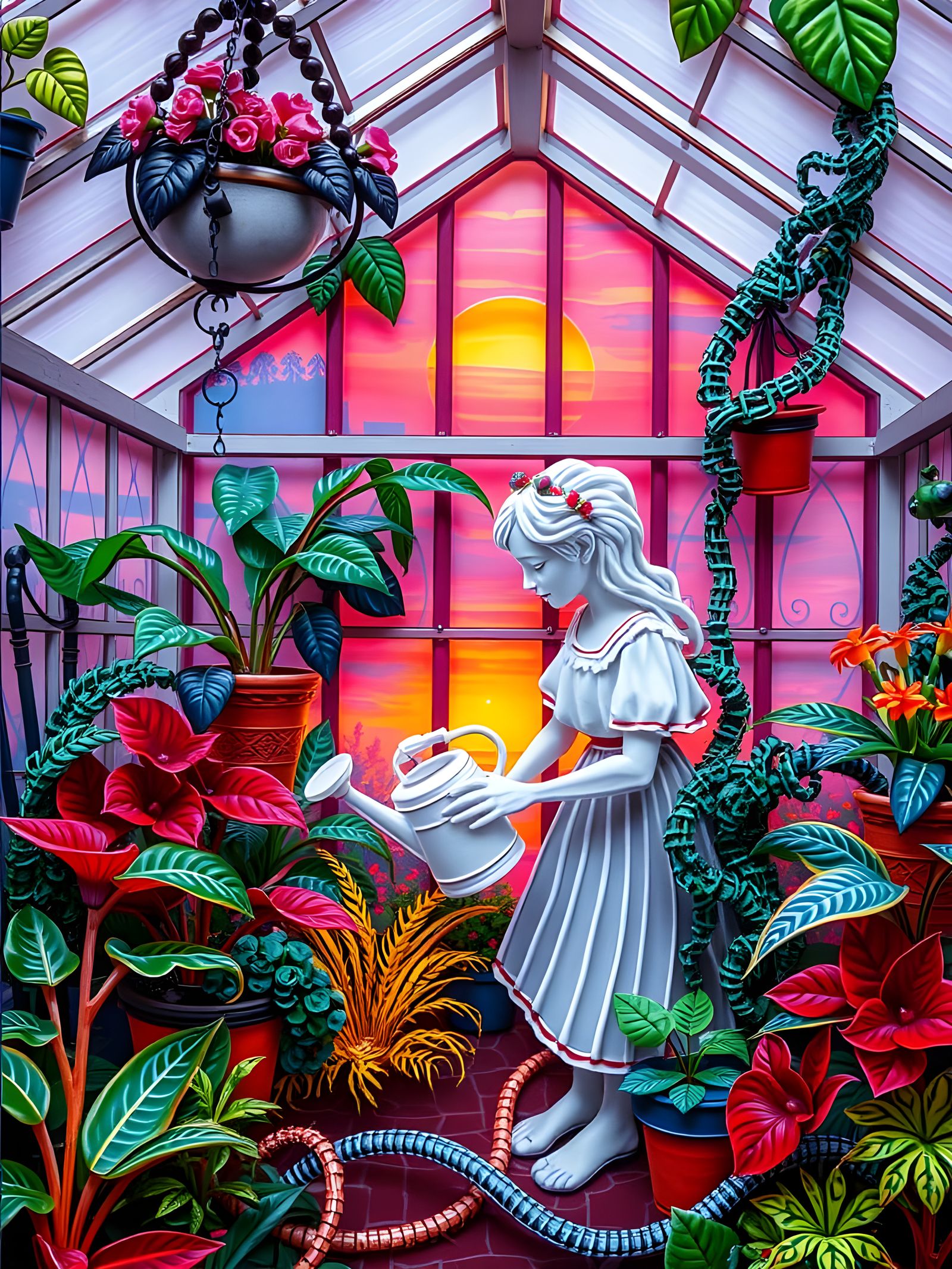 Colorful Victorian Greenhouse with Albino Housemaid in Resin...